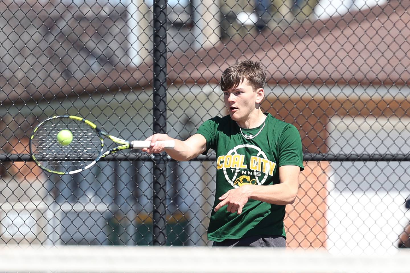 Coal City’s Martin Ramirez returns a shot against Plainfield South’s Nick Chance on Saturday, April 6, 2024 in Joliet.