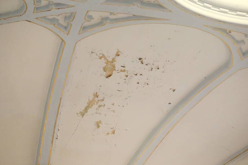 Cracks and chipped paint are noticeable on the celing during the final Mass at St. Mary's Church on Thursday, Aug. 15, 2024 in Peru. The church was founded in 1867.