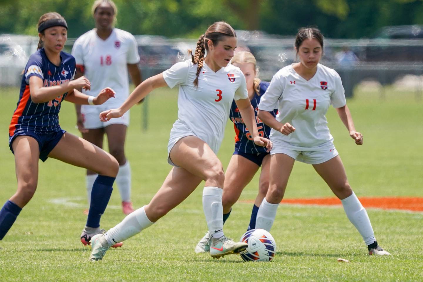 Oswego’s Mane Brolley (3) plays the ball during a class 3A Oswego regional final match against Naperville North at Oswego High School on Saturday, May 24, 2025.