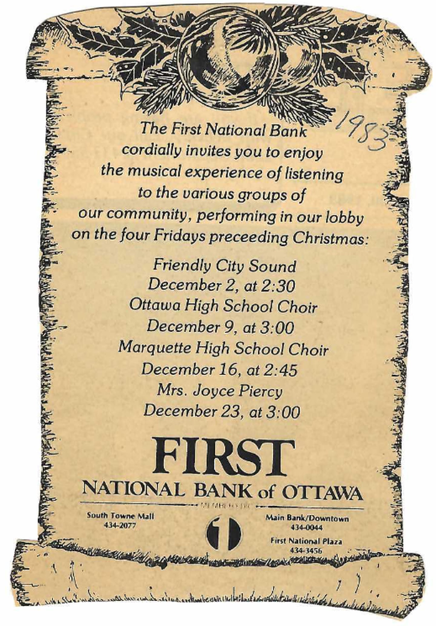 A newspaper clipping advertising one of Joyce Piercy's performances at the First National Bank of Ottawa.
