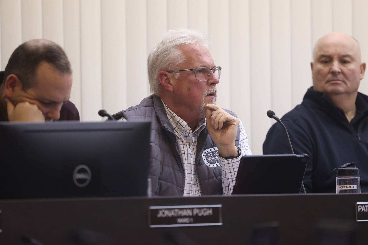 Alderman Patrick McDonald, 2nd Ward, talks with a speaker at the Lockport City Council meeting on Wednesday, Feb. 7th 2024 in Lockport.