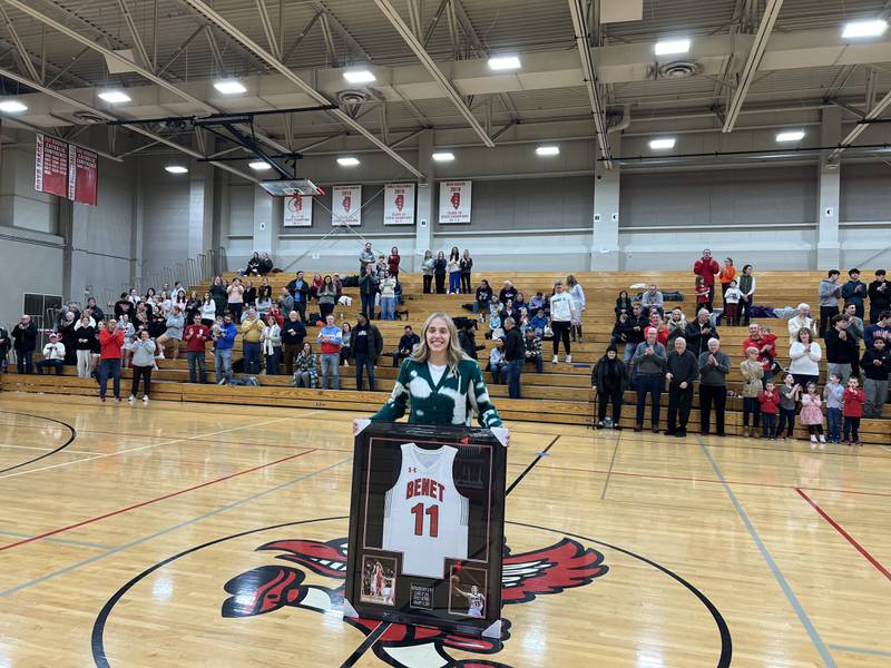 Former Benet basketball star Kathleen Doyle had her jersey retired at a ceremony on Saturday, Jan. 13 at Benet.
