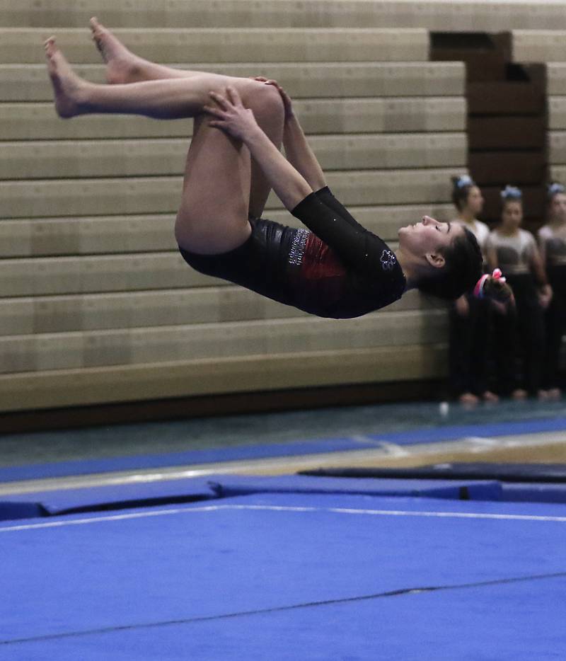 Prairie Ridge’s Maria Kakish competes in floor exercise Wednesday, Feb. 8, 2023, during  the IHSA Stevenson Gymnastics Sectional at Stevenson High School in Lincolnshire.