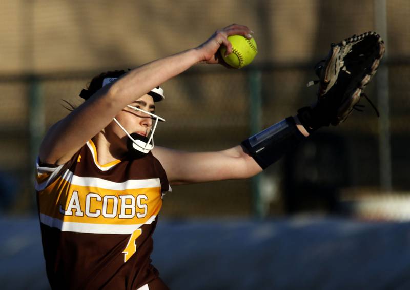 Jacobs' Emily Popilek throws a pitch during a nonconference softball game against Marengo on Monday, March 9, 2026, at Marengo High School.