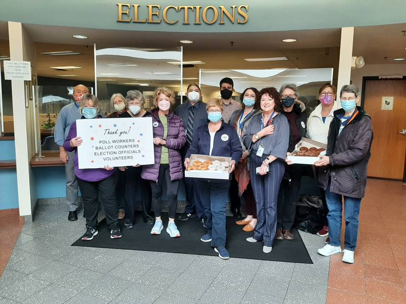 Members of the Kane County chapters of the League of Women voters thank election workers in the Kane County Clerk's offices in Geneva and Aurora on Tuesday, April 26.