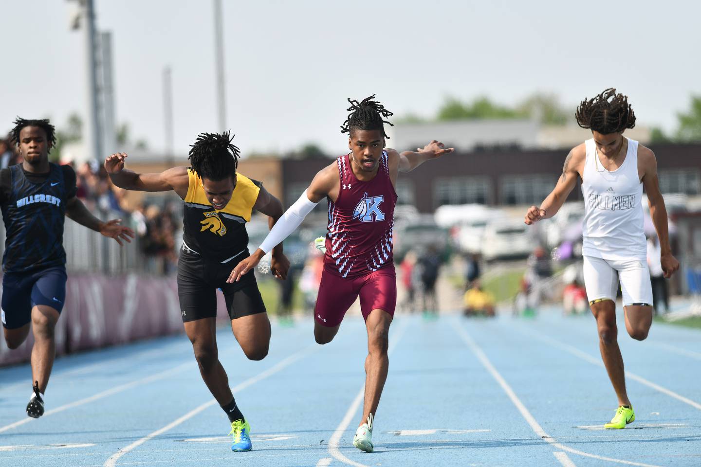 Kankakee's Jayon Morrow strides over the finish line during the 100-meter dash Wednesday at the IHSA Class 2A Kankakee Sectional finals on May 17, 2023. Morrow finished in the second place slot after Marian's Braydon Waller with a time of 10.56 seconds.