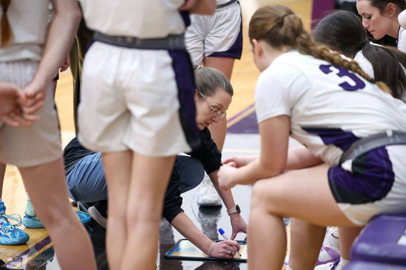Manteno head coach Bethany Stritar draws up a play in a timeout during the Panthers' 45-42 victory to Reed-Custer on Monday, Feb. 2, 2026.