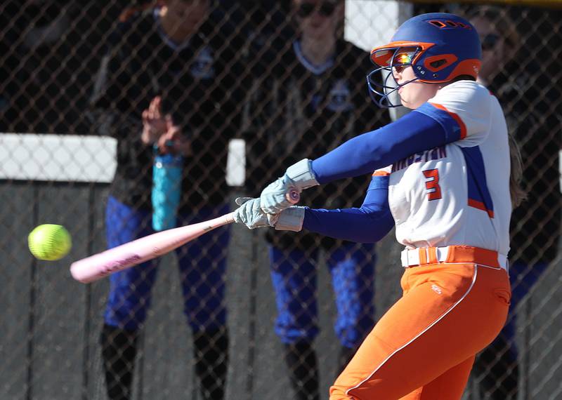 Genoa-Kingston's Kaylee Luepkes takes a cut Monday, March 23, 2026, during their game at Hinckley-Big Rock High School.