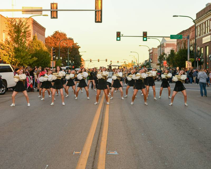 Sycamore High School’s dance team performs on Wednesday, Oct. 8, 2025, during the Homecoming parade in downtown Sycamore.