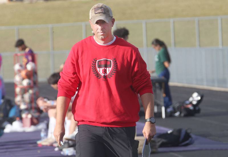 Streator head soccer coach J.T. Huey walks along the bench while playing Mendota on Monday, Sept. 23, 2024 at Mendota High School.