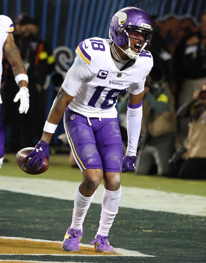 Minnesota Vikings wide receiver Justin Jefferson celebrates his touchdown catch during their game Monday, Sept. 8, 2025, at Soldier Field in Chicago.