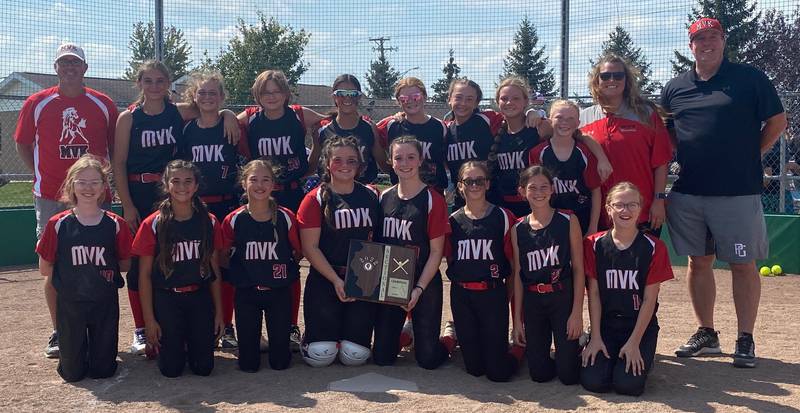 Mazon-Verona-Kinsman picked up an 11-2 Sectional win to advance to the IESA Class 1A State Championship
Pictured from Left to Right (Top Row):  Coach Pat Starwalt, Blair Nevins, Addison Kilmer, Grace Biros, Aurora Weber, Brooklyn Sheedy, Kaylee Klinker, Brynee Hunt, Kenley Kruger, Coach Hannah Hunt, Coach Tom Morris
(Front Row):  Kendall Slattery, Ameliah Weber, Marlie Lissy, Kaydynce Wardlow, Hayden Pfeifer, Morgan Starwalt, Jordan Both, Maggie Pfeifer
