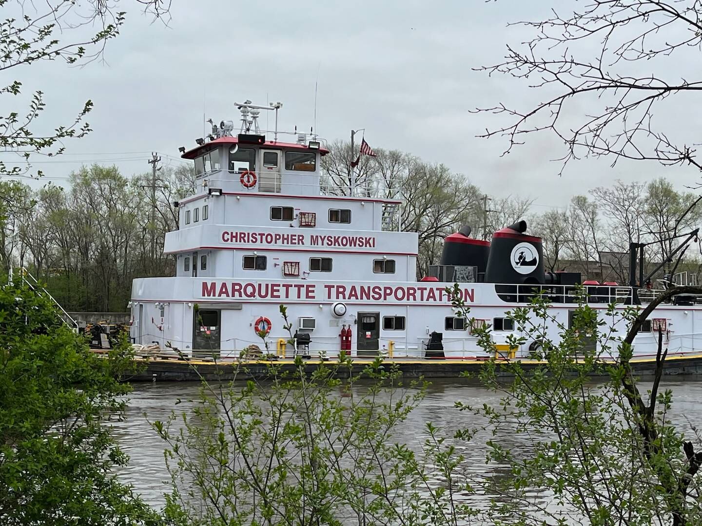 The tow boat to the barge that led to the prolonged opening of the Ruby Street bridge in Joliet Thursday, May 5, 2022.