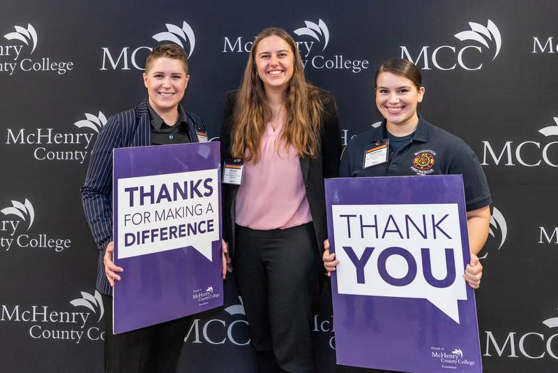Motorola Solutions Public Safety Scholarship recipients Sarah Papic (left) and Crystal Saenz (right) pose with scholarship donor Alli Leach (center) at the Friends of MCC Foundation Scholarship Breakfast on March 11, 2022.