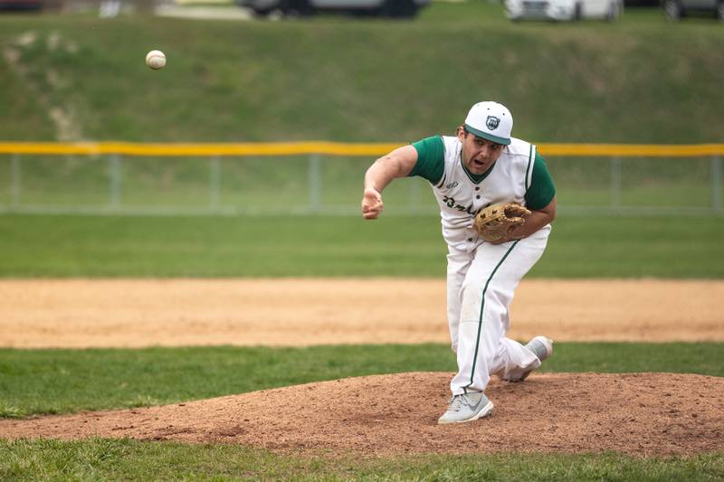 Alan Spencer (22) of St. Bede pitches on Thursday, April 10, 2025 at St. Bede High School in Peru.