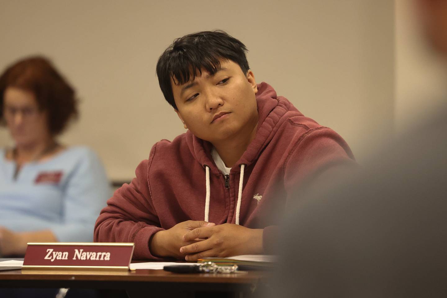 Board member Zyan Navarra listens to the update of the Central campus building at the Lockport Board of Education meeting on Monday, Nov. 20, 2023, in Lockport.