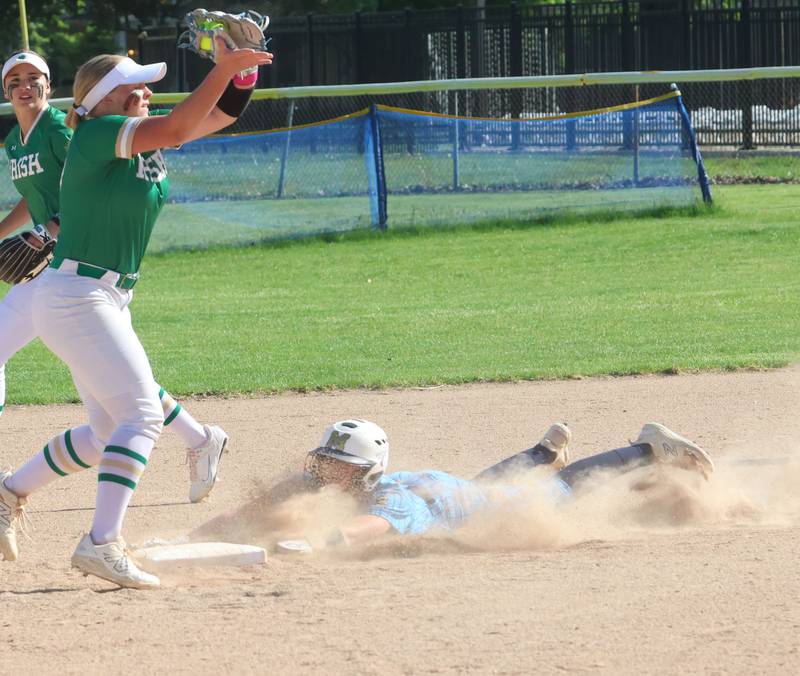 Seneca's Emma Mino squeezes the ball at short shot as Marquette's Hunter Hopkins steals second base on Monday, May 11, 2026 at June Gross Field in Ottawa.