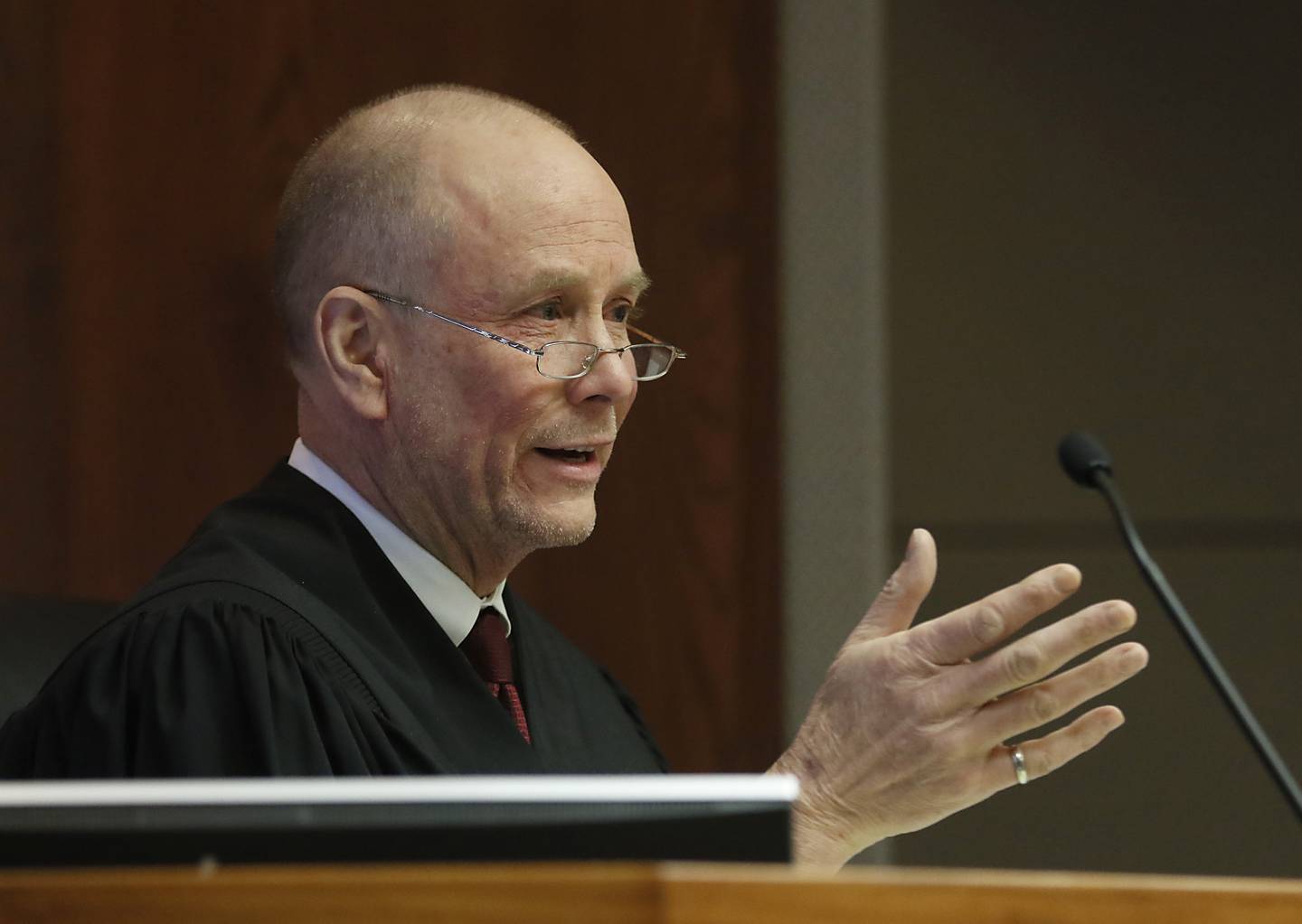 Judge Mark Gerhardt issues a ruling Friday, March 11, 2022, during the second day of Michael M. Penkava and Colin B. Scott's trial at the McHenry County Michael J. Sullivan Judicial Center in Woodstock. Penkava and Scott are both elders in a Crystal Lake Jehovah's Witnesses congregation and are charged with misdemeanor failure to report the sexual abuse of a child.