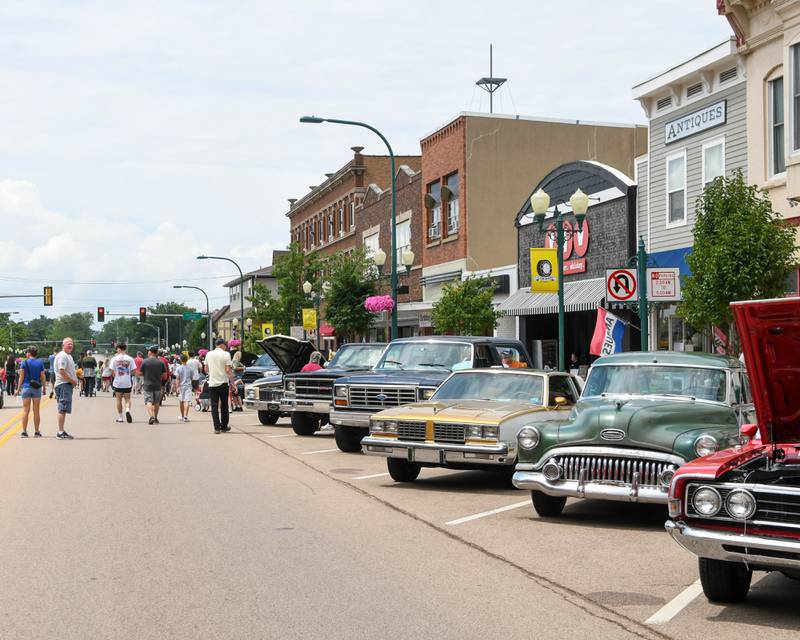Cars line State Street for blocks in downtown Sycamore during the 24th annual Fizz Ehrler Memorial Turning Back Time Car Show held on Sunday, July 28, 2024.
