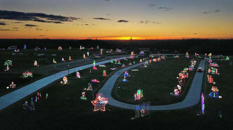 The sun sets over the Celebration of Lights display on Monday, Nov. 10, 2025 at Rotary Park in La Salle.