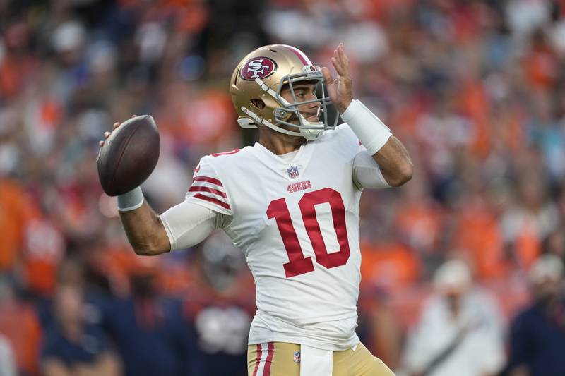 San Francisco 49ers quarterback Jimmy Garoppolo (10) an NFL football game Sunday, Sept. 25, 2022, in Denver. (AP Photo/David Zalubowski)