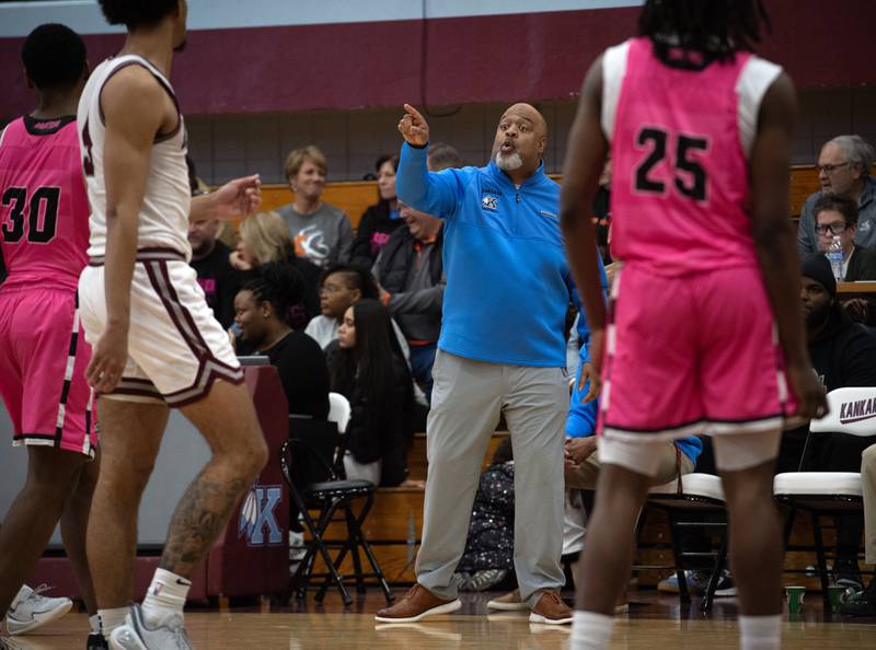 Kankakee's head coach Chris Pickett talks with his players on the floor in a game against Rich Township on Friday, February 6, 2026.