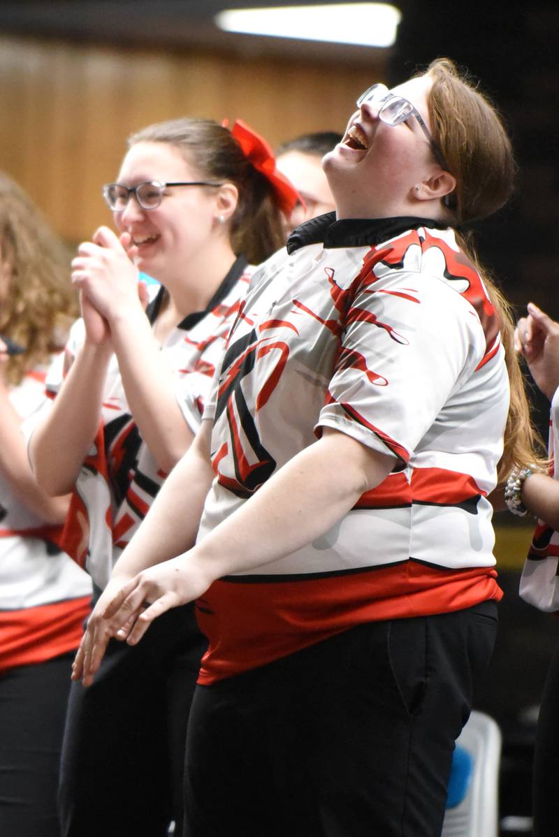 Bradley-Bourbonnais' Brianna Dyer, right, and Haileigh Richardson share a smile after a team celebration during the All-City girls bowling meet at Brookmont Bolwing Center in Kankakee Wednesday, Feb. 5, 2025.