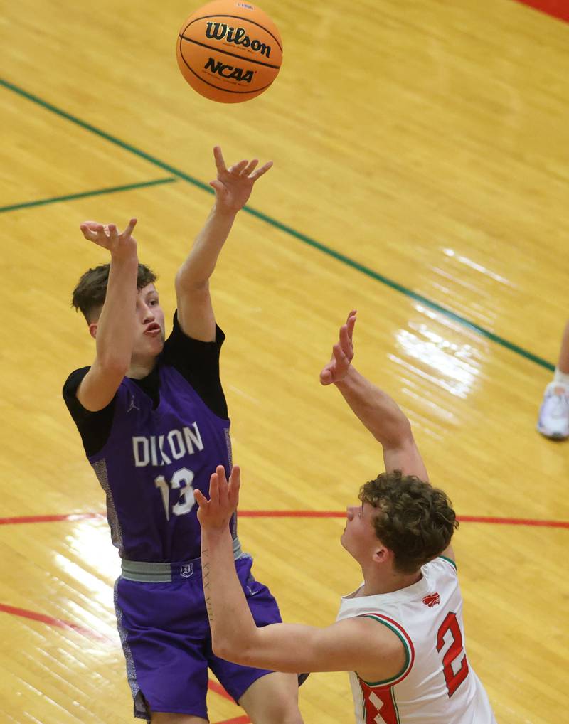 Dixon's Beckham Rock fires a jump shot over L-P's Regan Doerr during the Class 3A Regional semifinal game on Wednesday, Feb. 25, 2026 in Sellett Gymnasium at L-P High School.