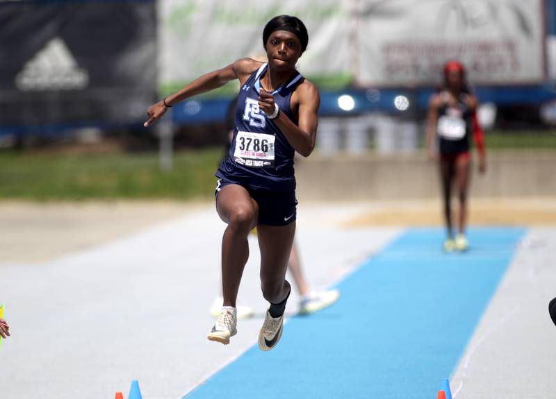 Jahnel Bowman of Plainfield South competes in the 3A triple jump during the IHSA State Track and Field Finals at Eastern Illinois University in Charleston on Saturday, May 20, 2023.