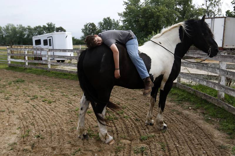 Johnathan. Birong, 12, lays on the back of Mac, a Northern Spotted Draft horse, as his brother has a riding lesson Friday July, 8, 2022, at the R Double J Ranch, 2800 Derby Lane, in McHenry. The R Double J Ranch recently got the contract to operate this equine facility from McHenry with the goal of making it more of a community-centric center and make learning about horses and riding open to all.