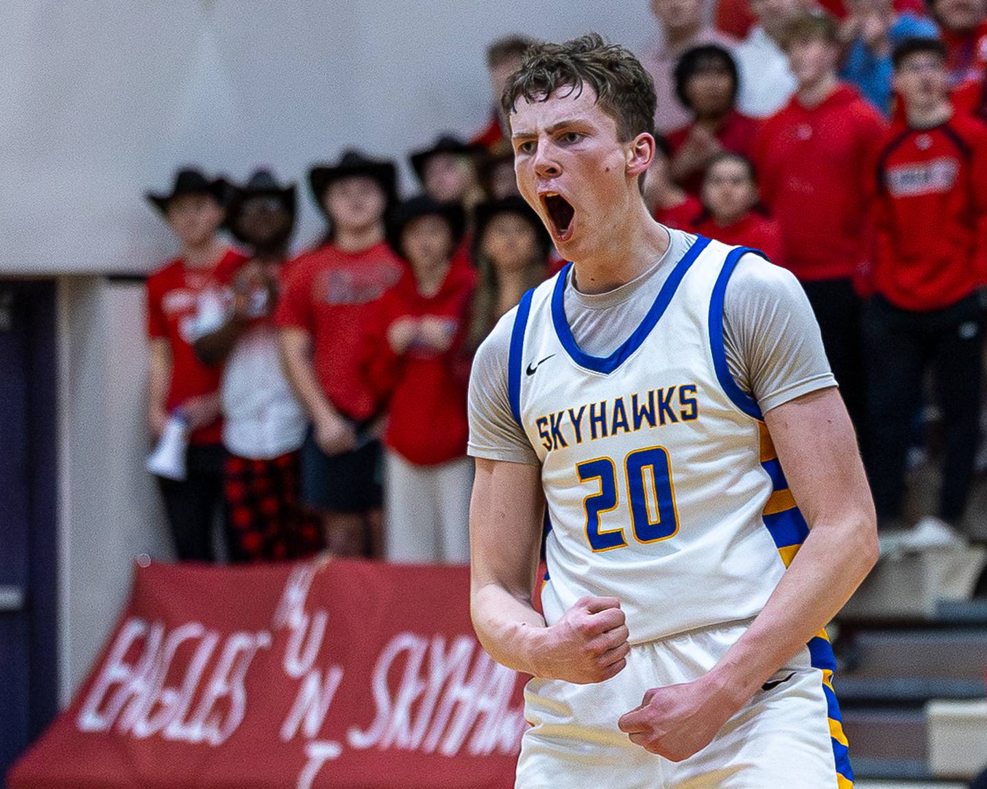 Johnsburg's Josh Kaunas (20) reacts in celebration after scoring against Aurora Christian during the Class 2A Boys Sectional Basketball tournament game on Wednesday, March 4, 2026 at Mendota High School.