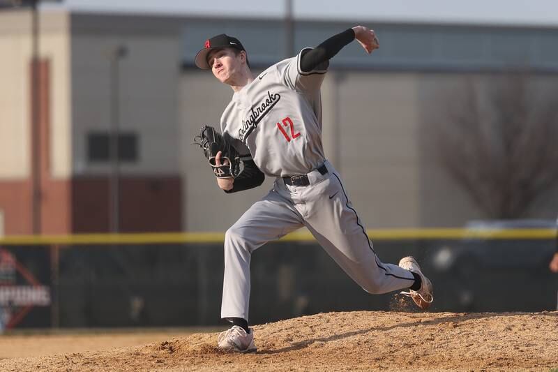 Bolingbrook’s Ryan Spliit delivers a pitch against Plainfield East on Monday, March 27, 2023.