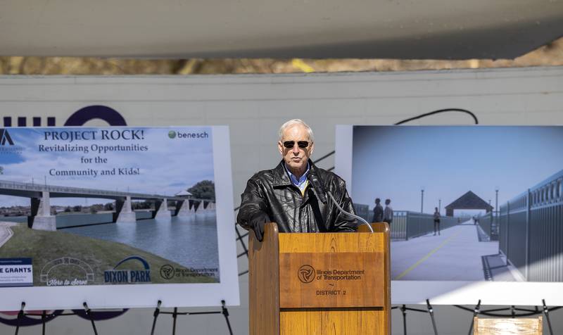 Dixon mayor Glen Hughes heaps praise on some of the visionaries who helped get Project Rock to this phase during a speech Tuesday, April 8, 2025. The building of a pedestrian bridge and path extension is underway at Page Park in Dixon.