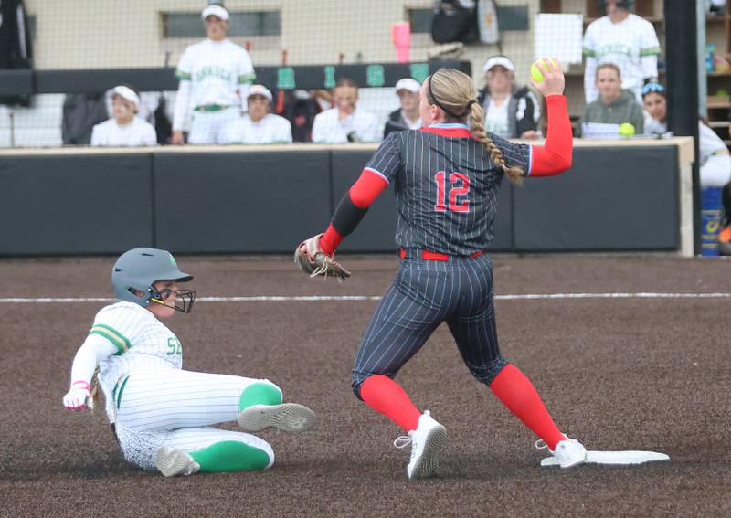 Ottawa's Kennedy Kane steps on second base to force out Seneca's Emma Mino on Friday, May 1, 2026 at Seneca High School.