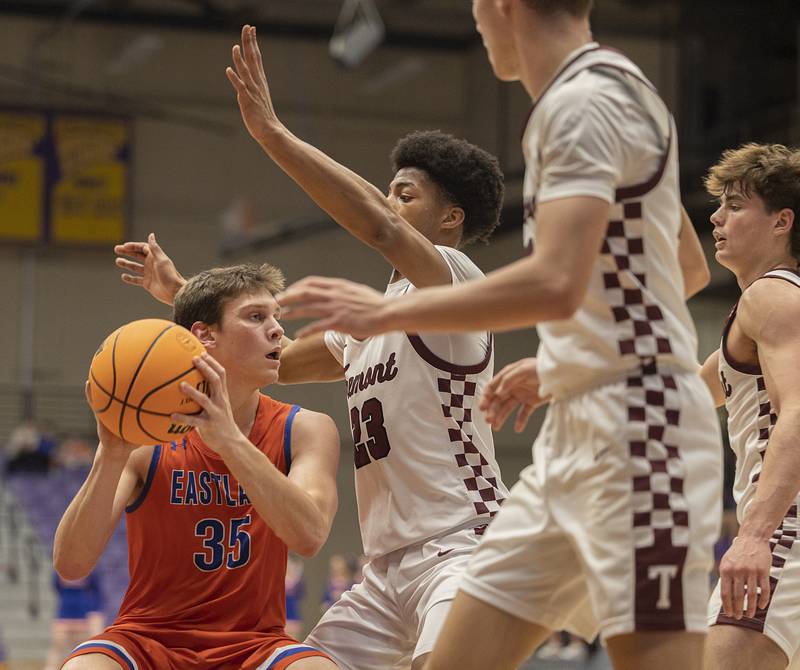 Eastland’s Parker Krugman looks to make a play against Tremont Monday, March 9, 2026, in the Class 1A Macomb Supersectional.