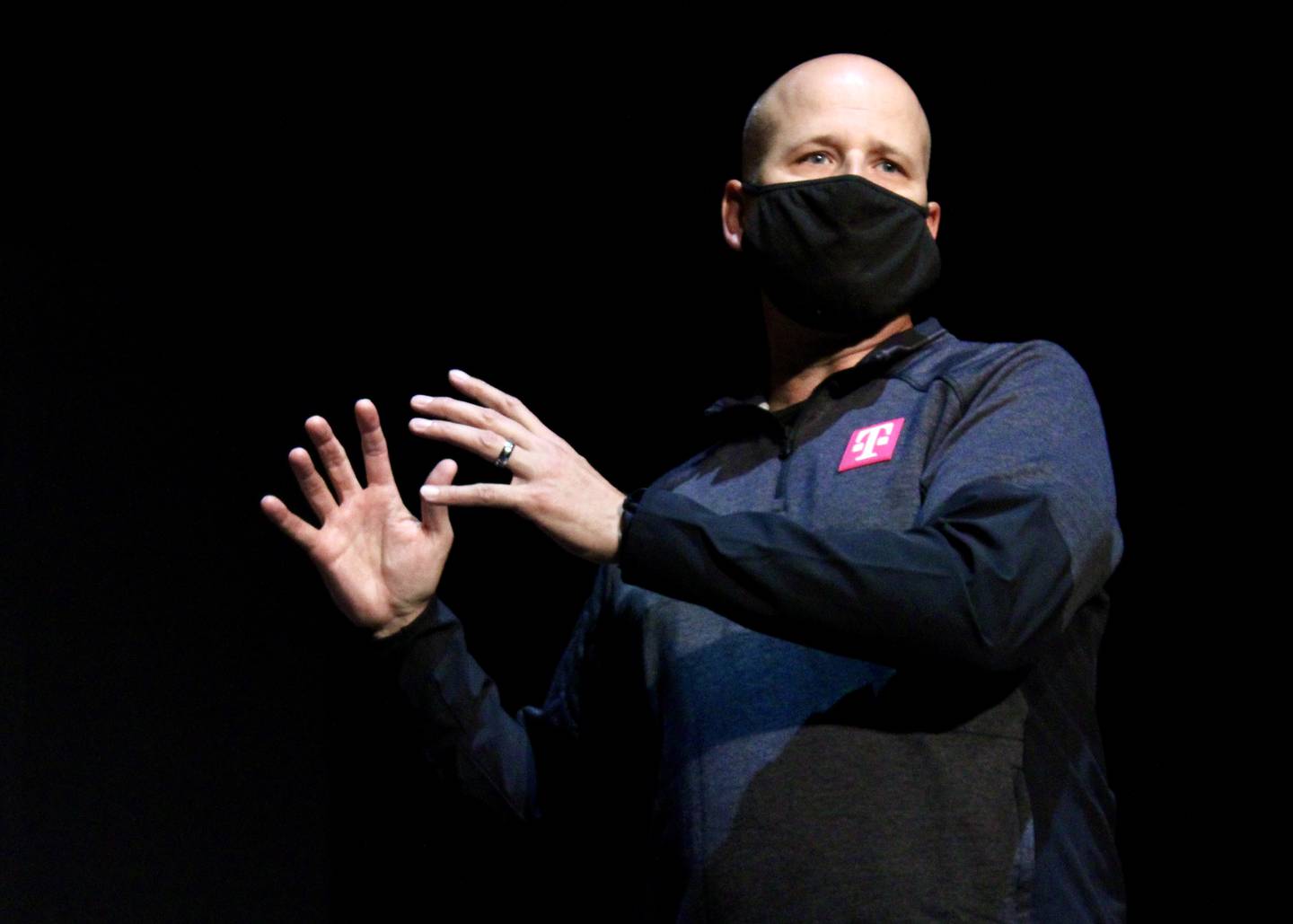 David Gidelski, a rural market manager for T-Mobile, makes remarks prior to the presentation of a $50,000 check to Dixon Historic Theatre on Thursday, Sept. 23, 2021.