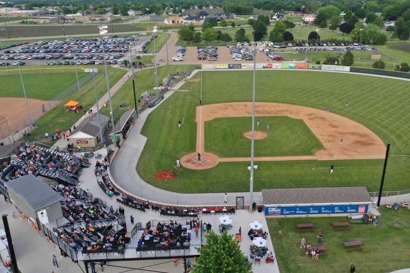 An aerial view of Schweickert Stadium  during the home opener of the Pistol Shrimp on Thursday, May 30, 2024 at Veterans Park in Peru.