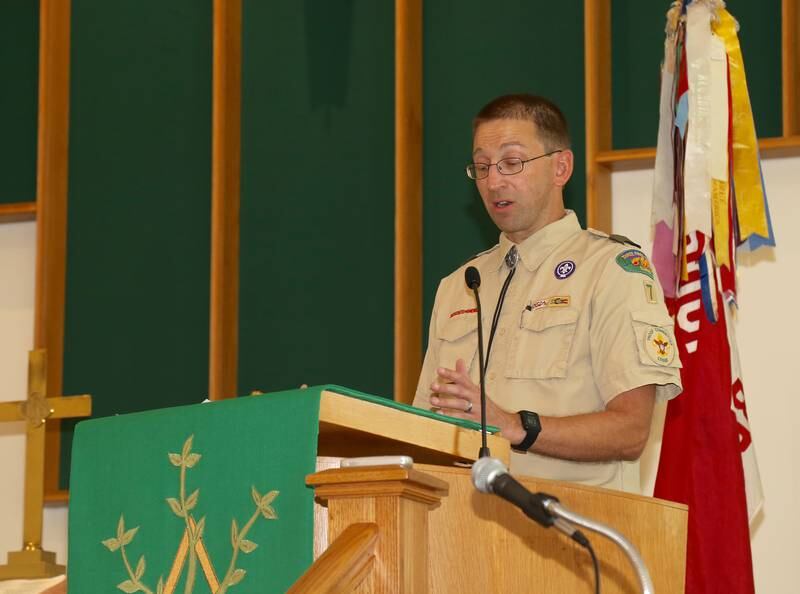 Gene Stern, committee chair for Troop 7, speaks at the Boy Scout Troop 7 100th Anniversary Celebration on Sunday, Sept. 15, 2024 at the Community Congregational Church in Elburn.