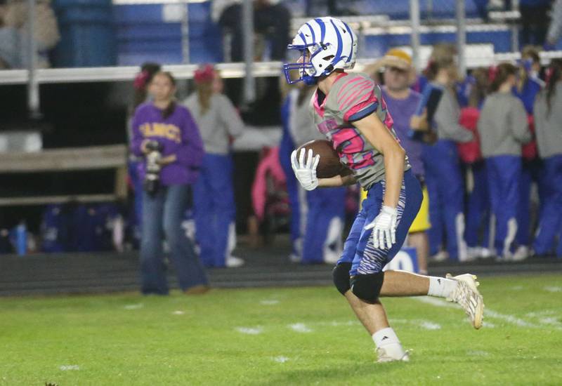 Princeton's Reece Pearson runs a return against Mendota on Friday, Oct. 10, 2025 at Bryant Field in Princeton.