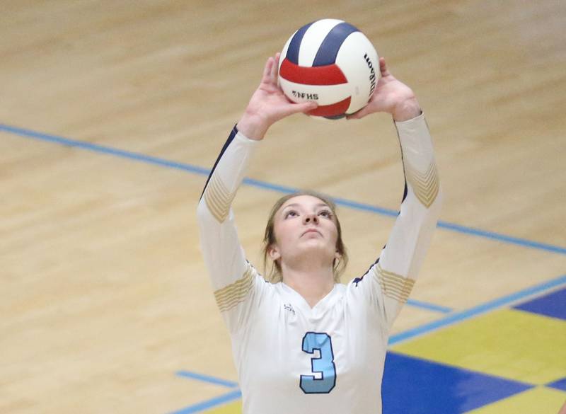 Marquette libero Hailey Abbott sets the ball in the air against St. Bede on Thursday, Sept. 4, 2025 at Bader Gym.