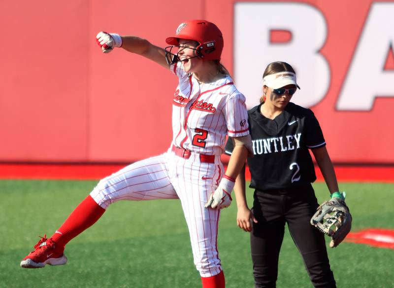 Barrington’s Shaylee Hiser celebrates arriving safely at second base against Huntley in IHSA Class 4A Sectional Title Game softball action at the Fields of Dreams on the campus of Barrington High School in Barrington on Friday, June 6, 2025.