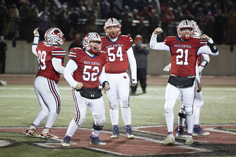 West Central celebrates a game ending first down in the 8-man championship game Friday, Nov. 18, 2022 against Amboy.