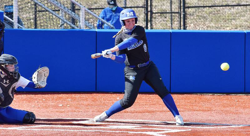 Millikin's Gretchen Gould swings at a pitch this past season. The Sterling native started at first base for the Big Blue, and helped lead them to the NCAA Division III World Series for the first time in program history.