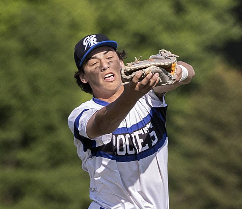 Burlington Centrals’ AJ Payton snags a pop up against Dixon Thursday, May 25, 2023 during a class 3A regional semifinal in Rochelle.