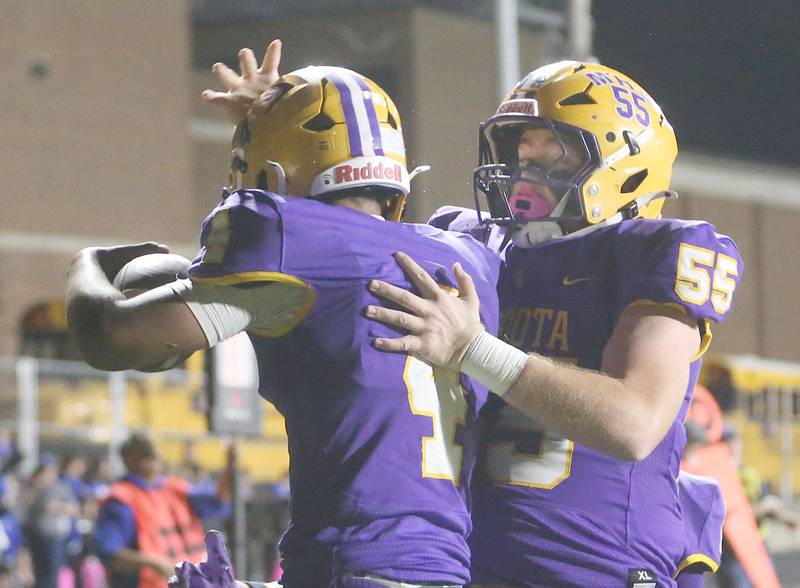 Mendota's Jayden Lesley celebrates with teammate Cannon Chaon after scoring a touchdown against Princeton on Friday, Oct. 10, 2025 at Bryant Field in Princeton.