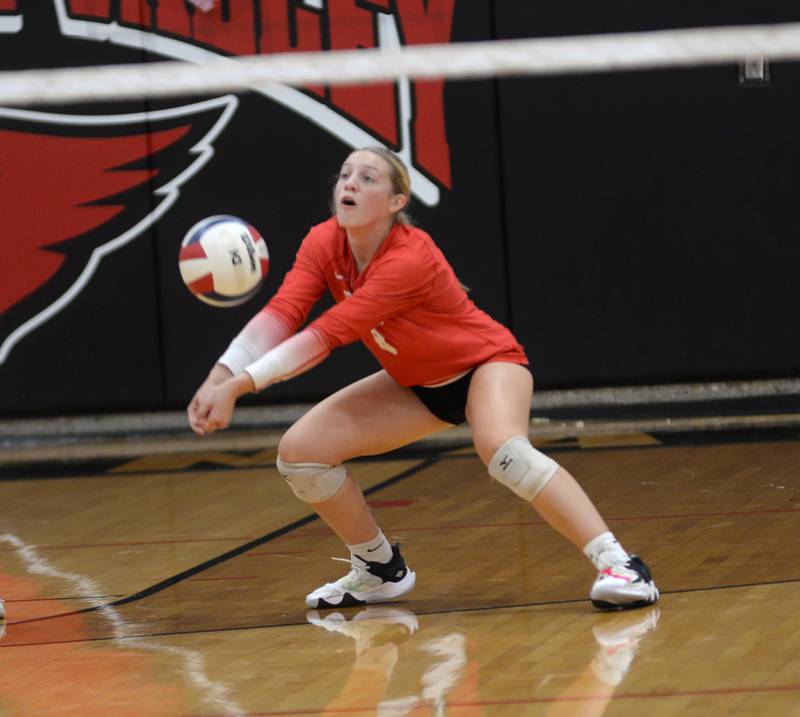 Oregon's Addie Rufer (8) digs a ball during a Thursday, Oct. 17, 2024 match at Stillman Valley.
