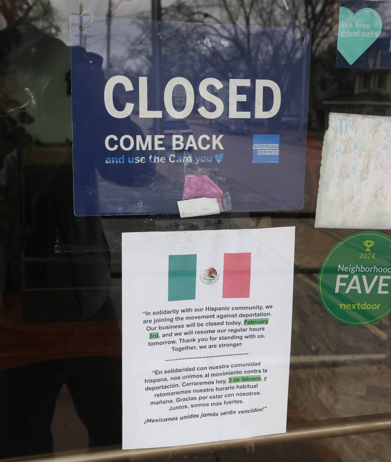 Flamingo Restaurant & Ice Cream, one of the several DeKalb County businesses who are participating in a Day Without Immigrants by remaining closed on Monday, has a sign on their front door explaining the reason for not opening Monday, Feb. 3, 2025, in DeKalb.