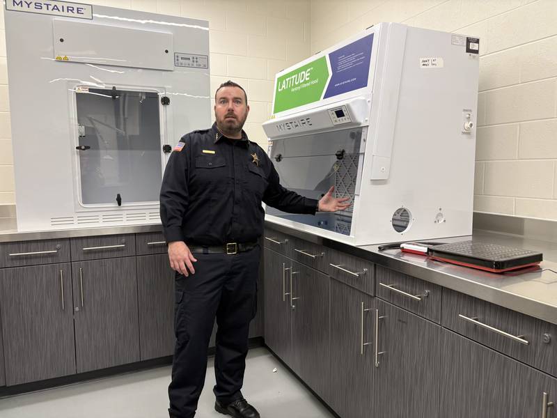 Police chief Matt Mannino shows a fentanyl filter hood at the Lake in the Hills Police Department Wednesday, May, 20, 2026.