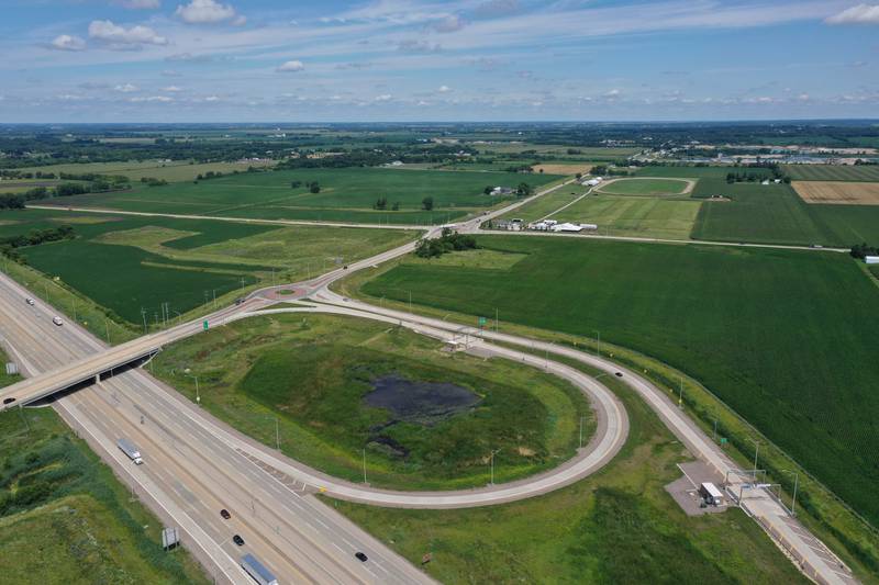 Traffic flows through the intersection of Interstate 90 and Illinois Route 23 on Tuesday, July 26, 2022 near Marengo.