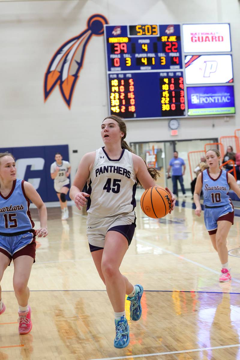 Manteno’s Emily Horath approaches for a layup during the Panthers’ 44-23 victory over St. Joseph-Ogden in the IHSA Class 2A Pontiac Sectional semifinal on Tuesday, Feb. 24, 2026, at Pontiac Township High School.